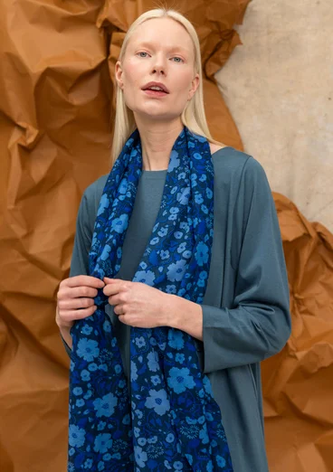 “Leah” cotton/silk scarf with a floral design - Pacific blue