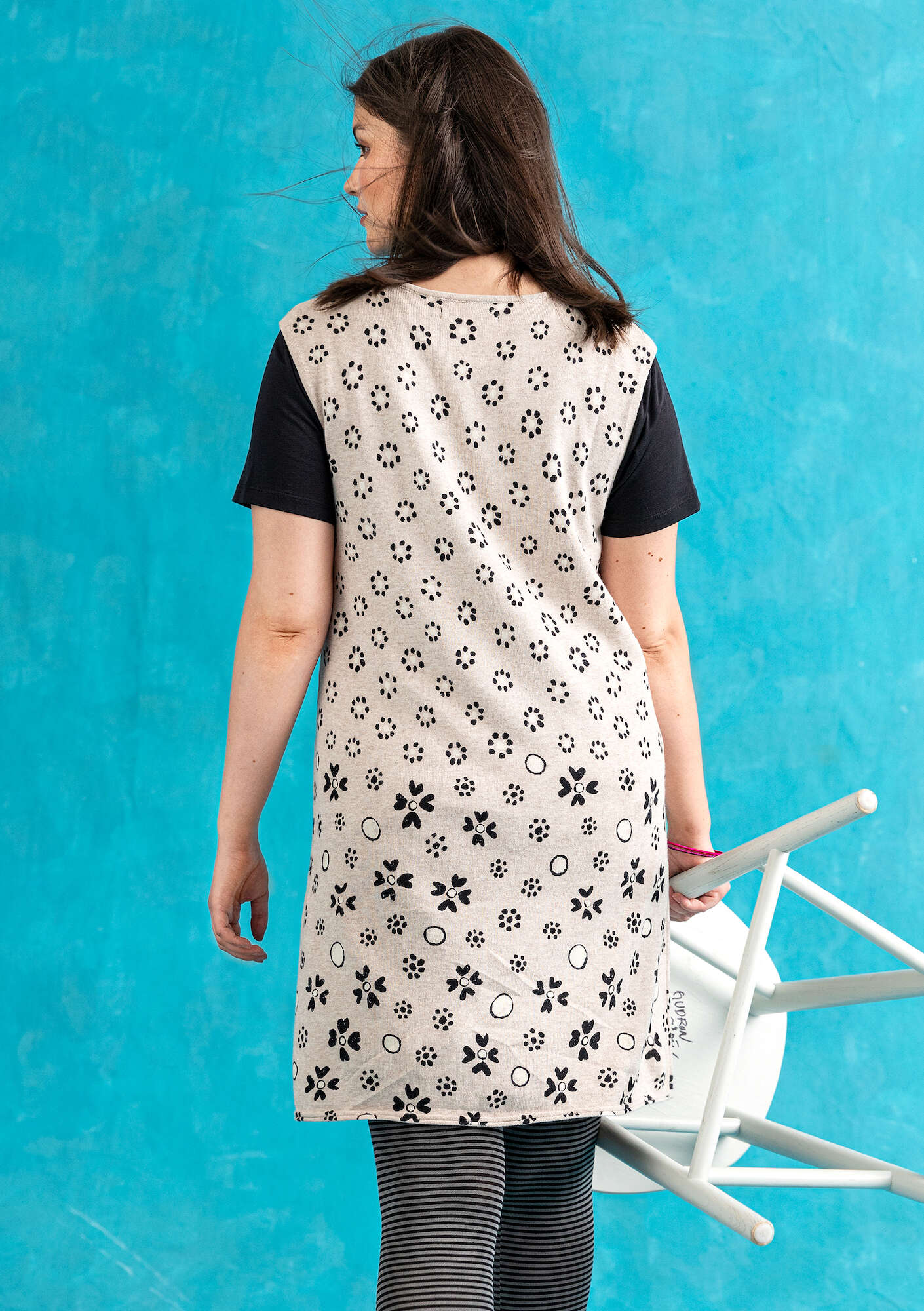 “Iris” knit fabric tunic in organic/recycled cotton natural melange/patterned