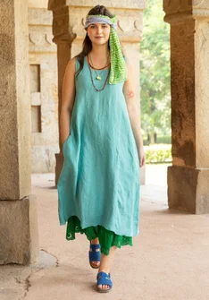 Sleeveless woven linen dress - meadow stream