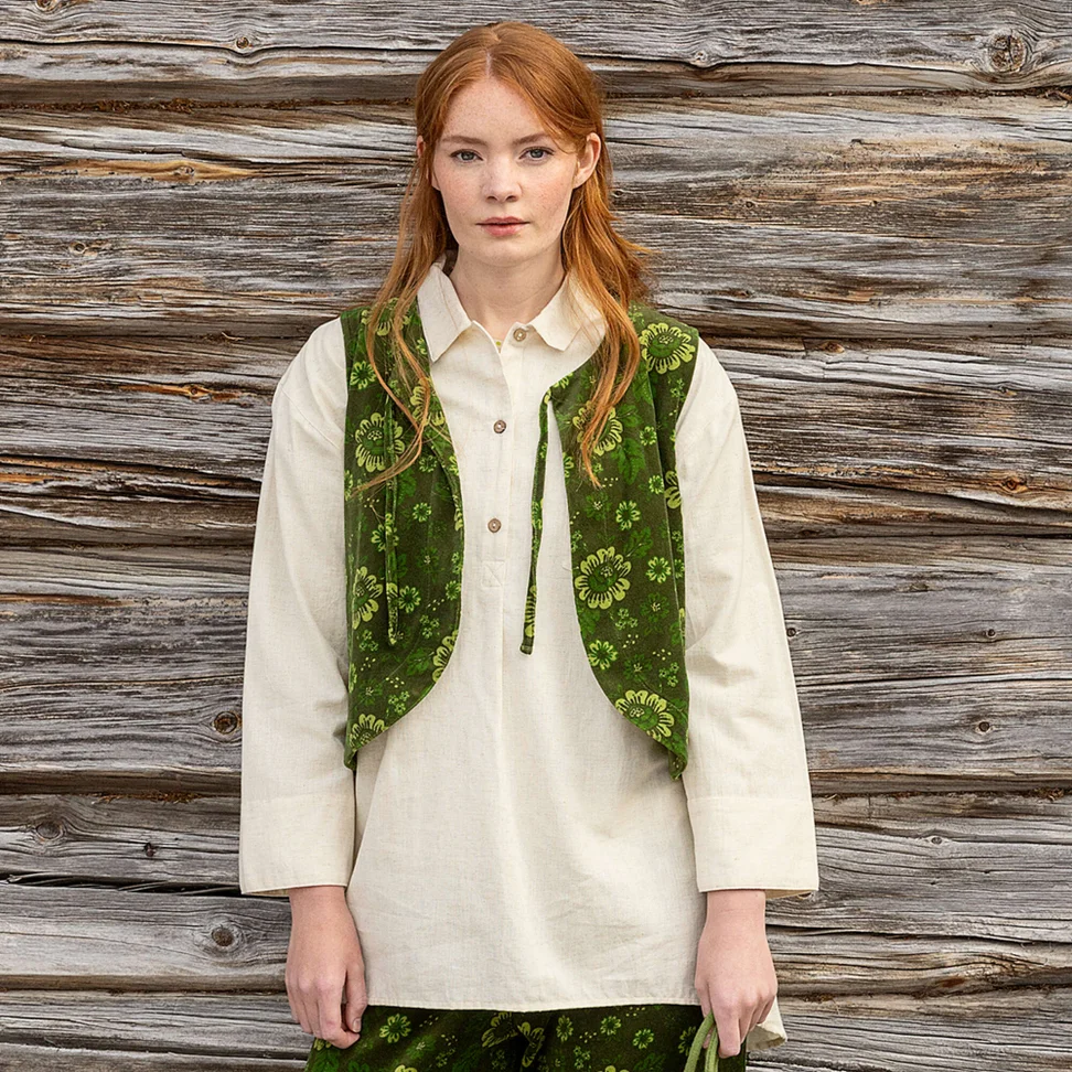 “Nootka” organic cotton/recycled polyester velour waistcoat - forest green/patterned