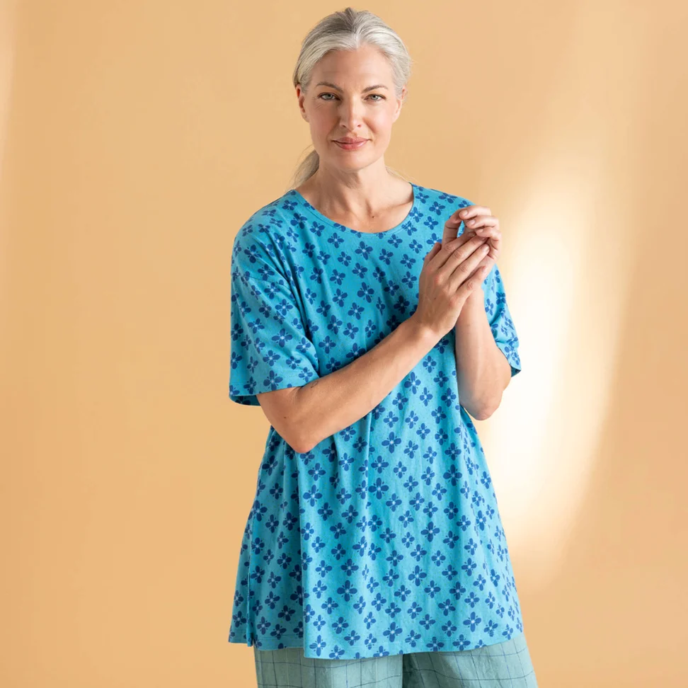 “June” organic cotton jersey tunic - lagoon blue/patterned