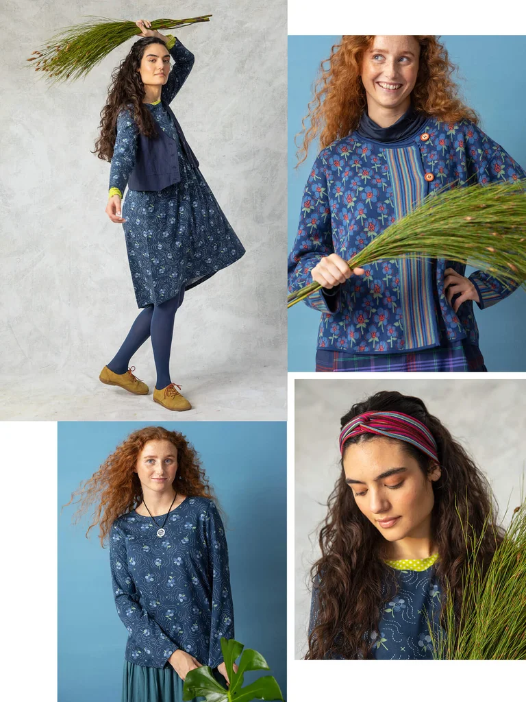 A collage of women wearing blue patterned clothes from Gudrun Sjödén. 
