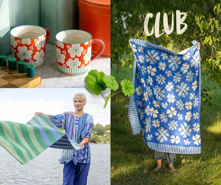 A collage of colourful home décor from Gudrun Sjödén. The collage is decorated with a standout green sprig.