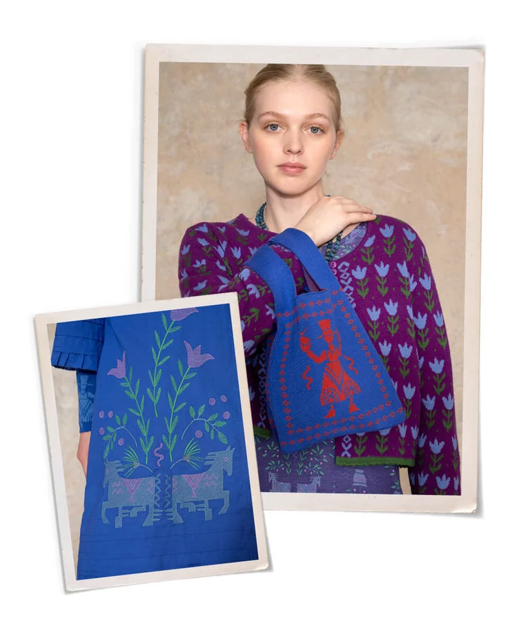 A collage of a woman wearing a purple, floral knitted cardigan holding a knitted bag, and a close-up of a blue dress embroidered with flowers and horses from Gudrun Sjödén.