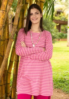 Stribet jerseytunika i økologisk bomuld - rosa orkide