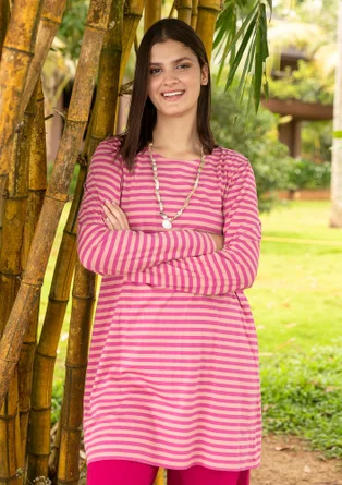 Stribet jerseytunika i økologisk bomuld - rosa orkide