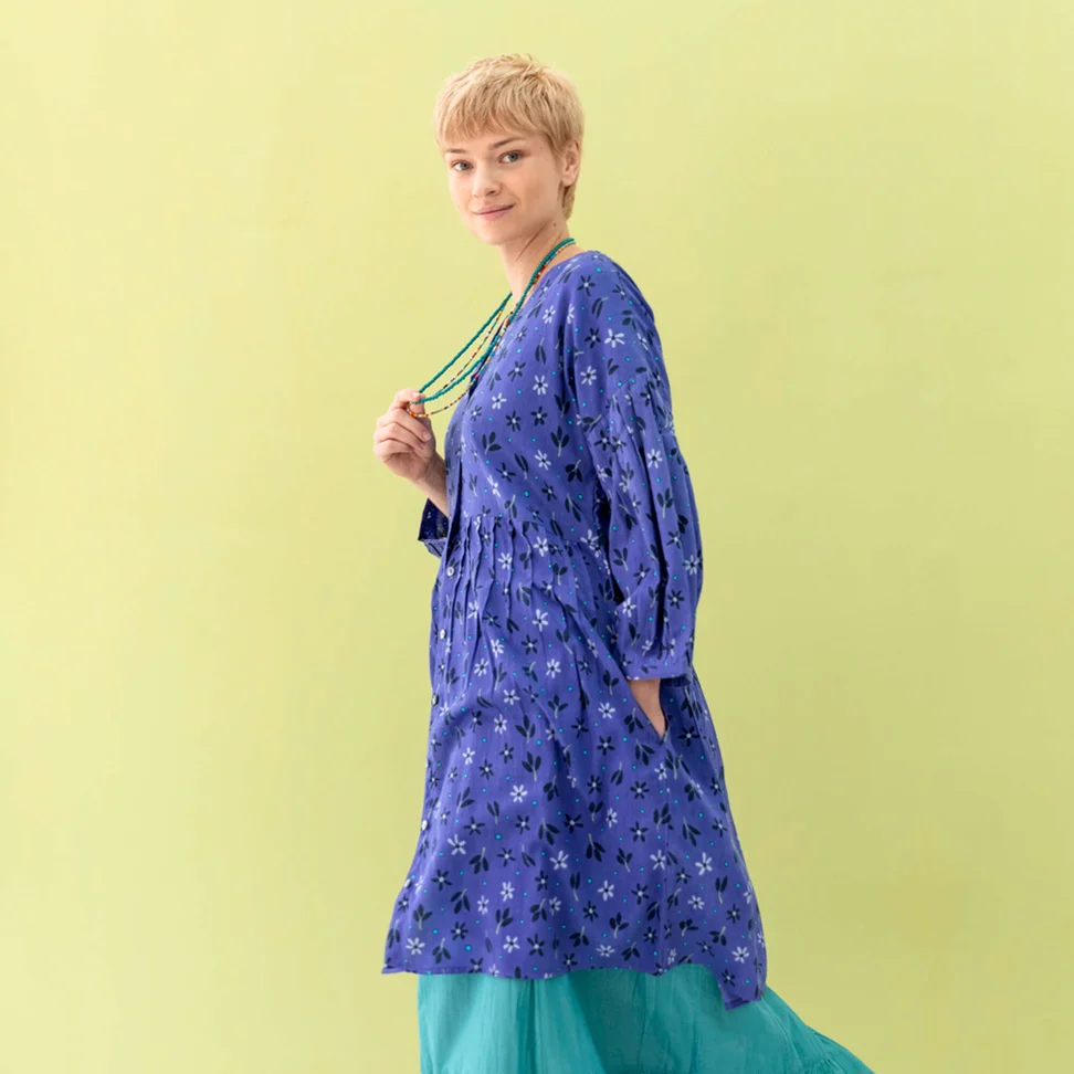 “Ida” dress woven in a wool blend - sky blue/patterned
