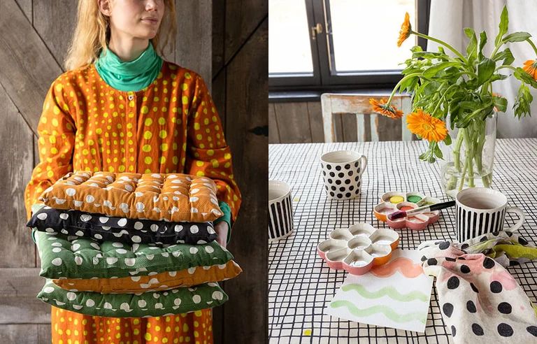 A collage with two pictures of homeware items from Gudrun Sjödén’s 2025 Winter collection. 