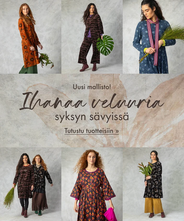 Kollaasi, jossa Gudrun Sjödénin kuviollisiin vaatteisiin pukeutuneita naisia. 