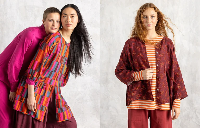 Three women wearing clothes from Gudrun Sjödén’s 2025 Essentials collection.