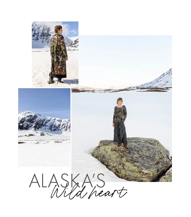 A collage of scenic pictures with women wearing clothes from Gudrun Sjödén’s 2025 Christmas collection.