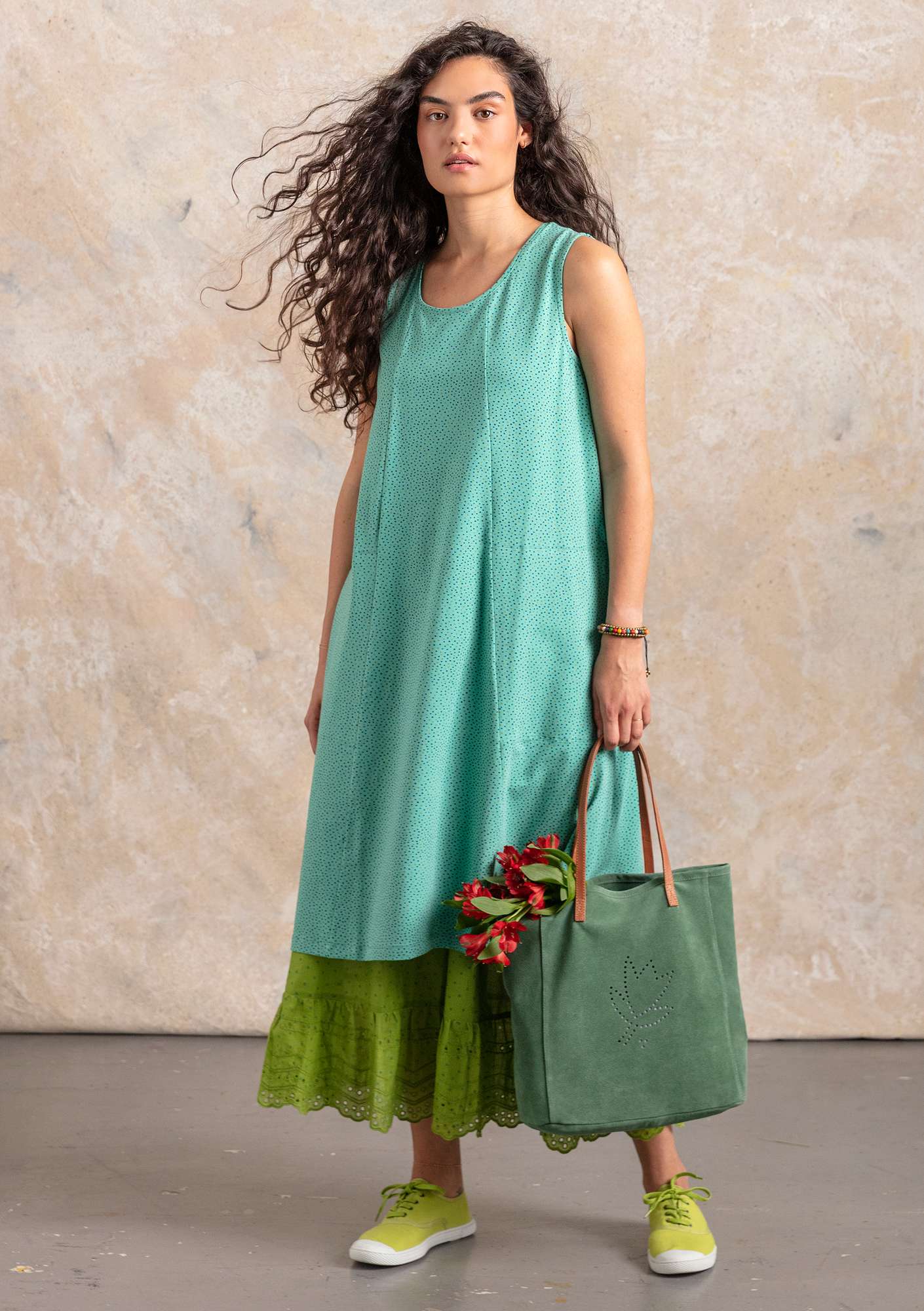 “Iliana” jersey dress in organic cotton/spandex jade/patterned thumbnail