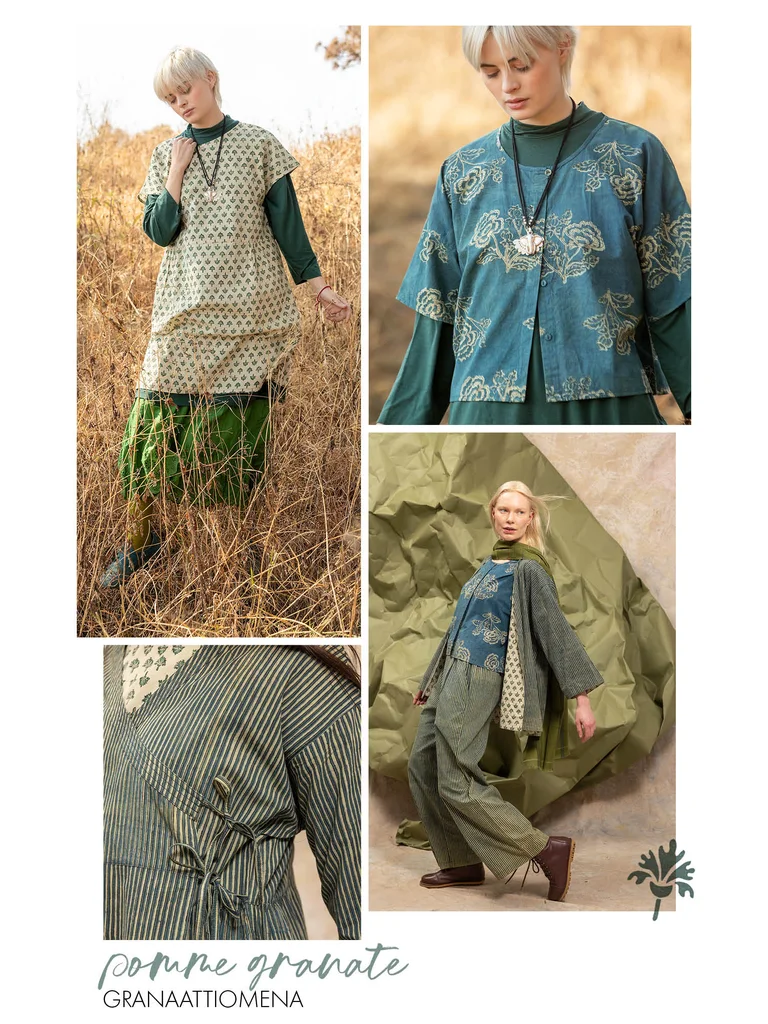 A collage of women wearing clothes in shades of green and turquoise from Gudrun Sjödén.
