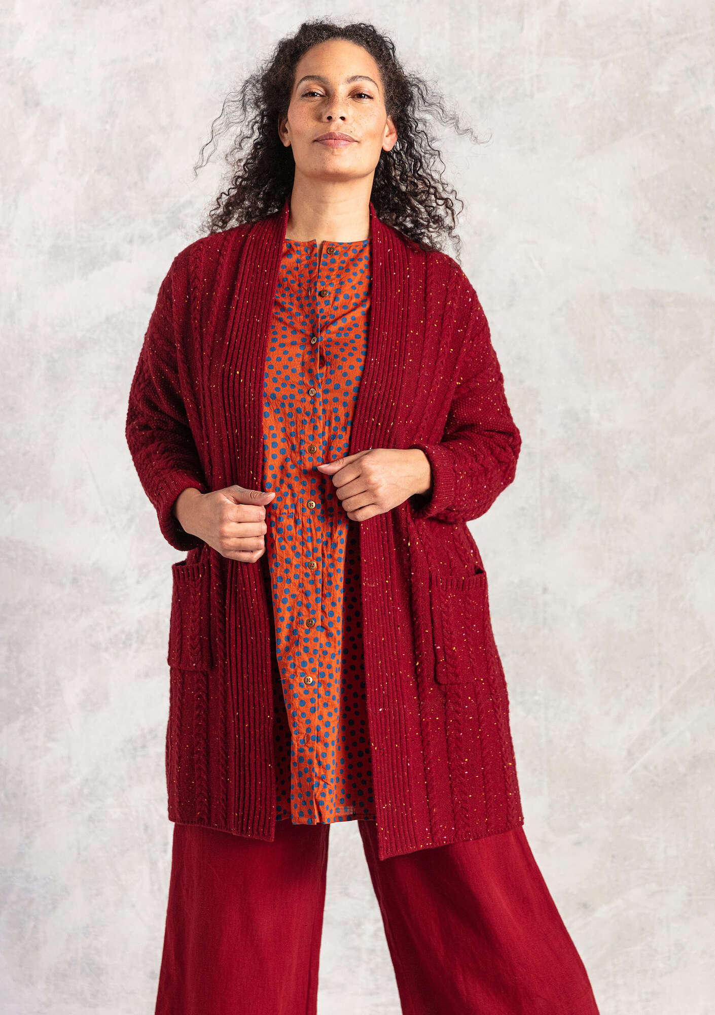 Cable-knit long cardigan agate red