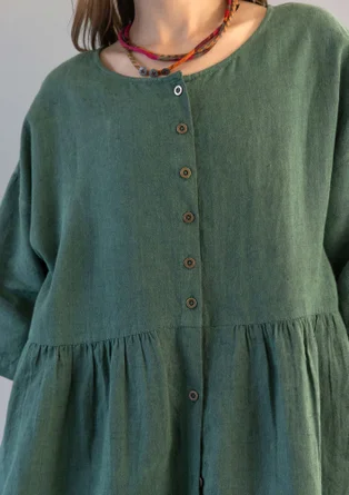 Gestreiftes oder einfarbiges Knopfleistenkleid „Sylvi“ aus Leinen - dunkelgrün