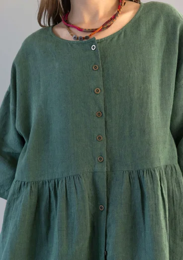 Gestreiftes oder einfarbiges Knopfleistenkleid „Sylvi“ aus Leinen - dunkelgrün
