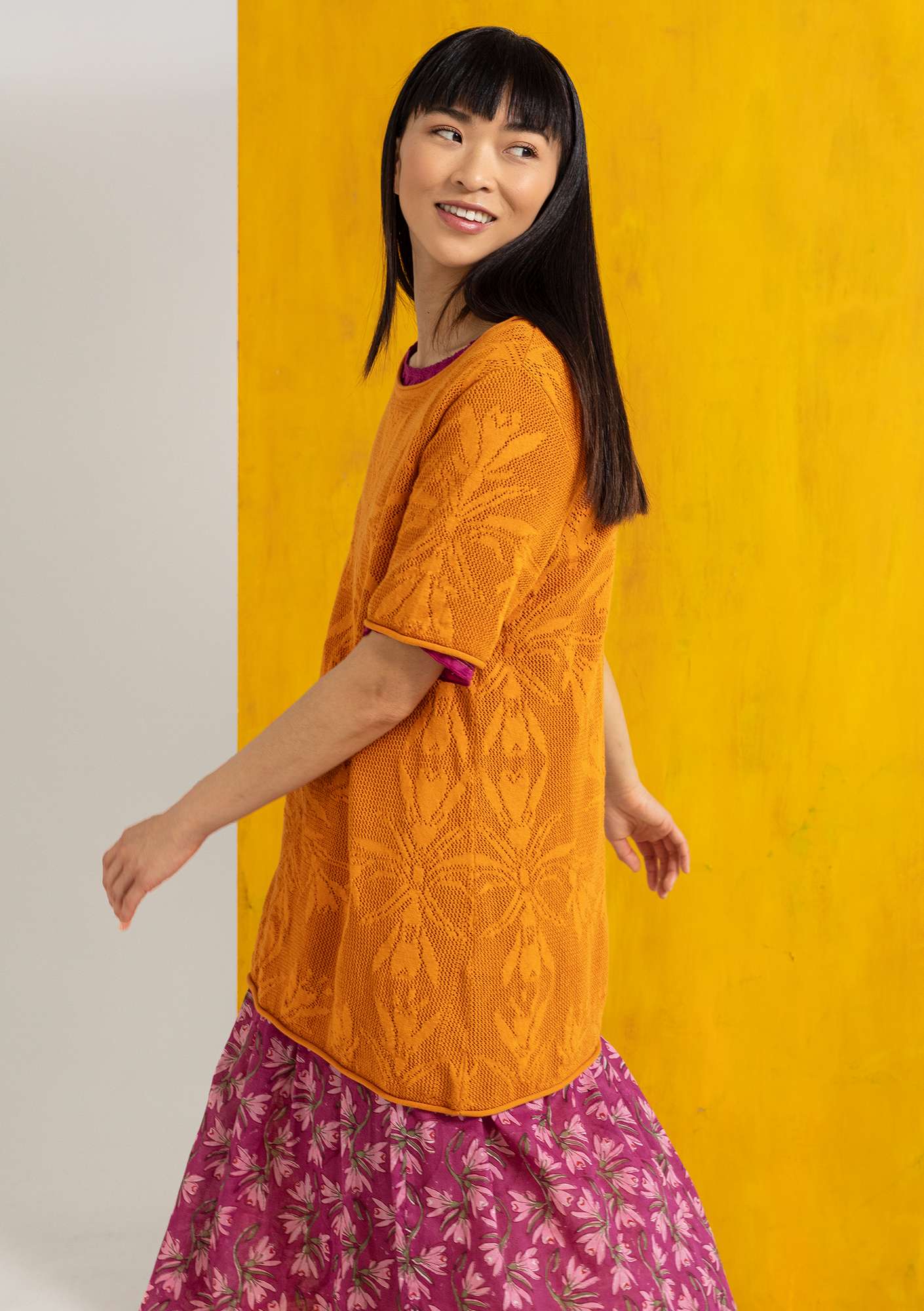“Kamala” organic cotton pointelle-knit tunic marigold