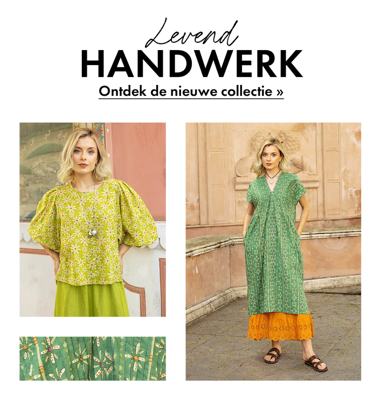 Een collage met vrouwen gekleed in kleding in groene tinten uit de hoogomercollectie 2026 van Gudrun Sjödén.