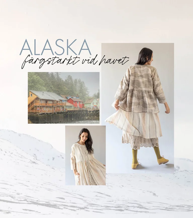 A collage with a snowy landscape, colourful houses and women wearing clothes from Gudrun Sjödén’s 2025 Christmas collection.