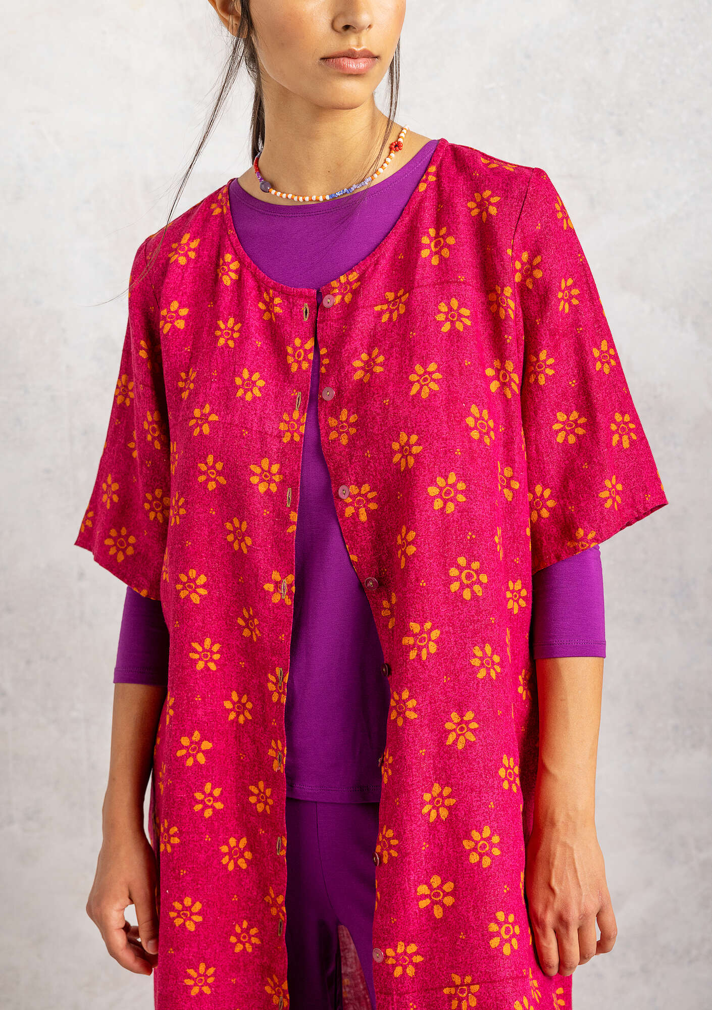 “Ester” dress in woven linen cyclamen/patterned thumbnail