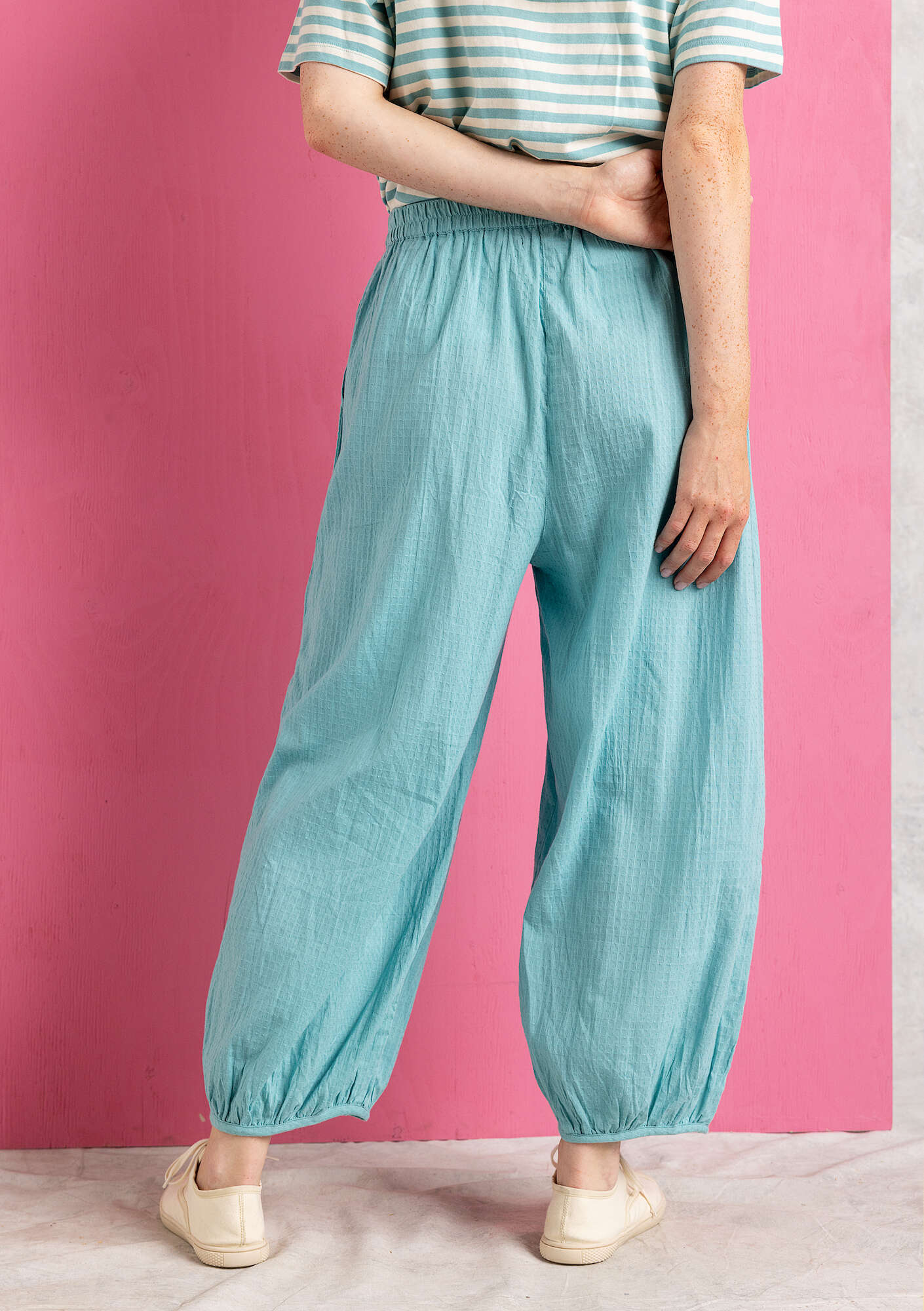 “Hilda” harem trousers in an organic cotton weave meadow stream thumbnail