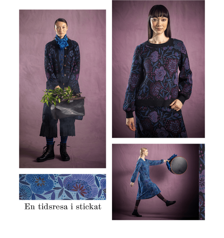 A collage of women wearing clothing from Gudrun Sjödén and a closeup of patterned blue fabric.