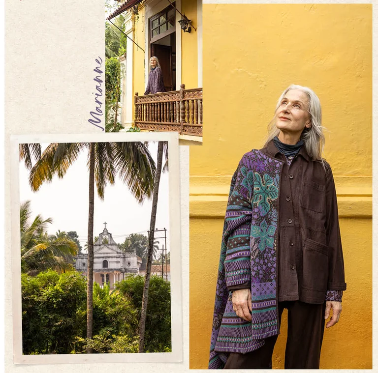 A collage of a woman wearing prints and solids from Gudrun Sjödén. 