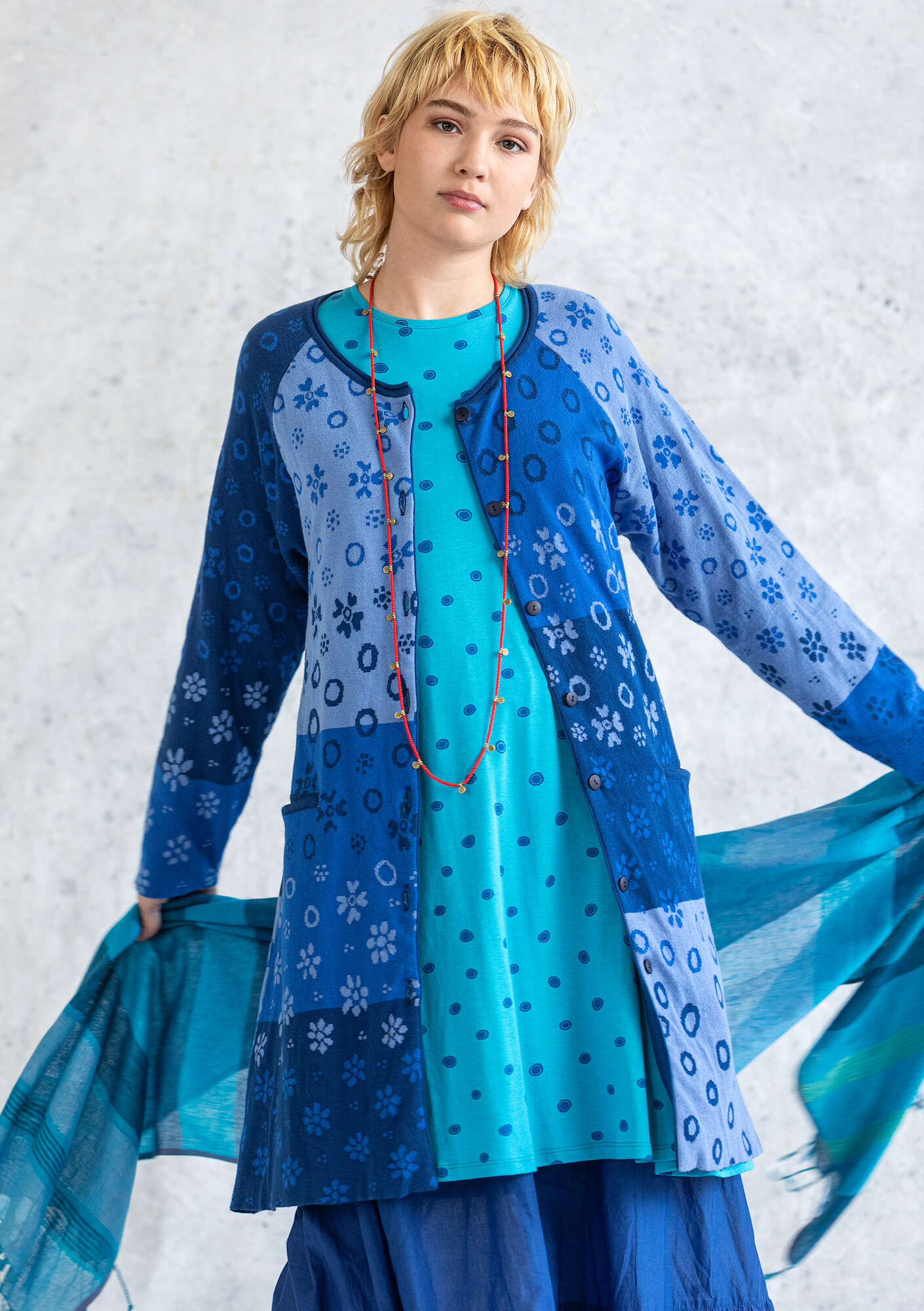 “Iris” longline cardigan in organic cotton indigo blue thumbnail