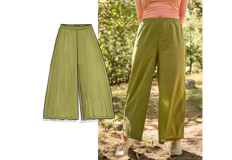 A collage of a model wearing green, wide-leg trousers from Gudrun Sjödén and a sketch of the same green trousers. 