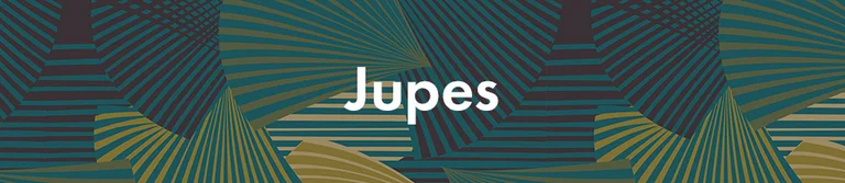 Un motif bleu, vert et jaune avec le texte « Jupes » en blanc. 
