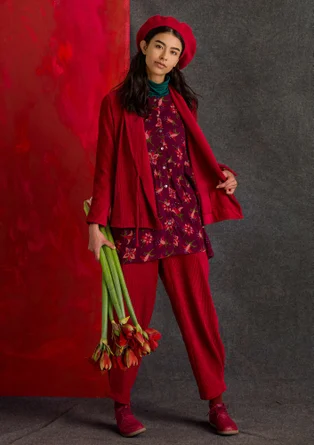 Velourcardigan i økologisk bomuld/genvundet polyester/elastan  - tranebær
