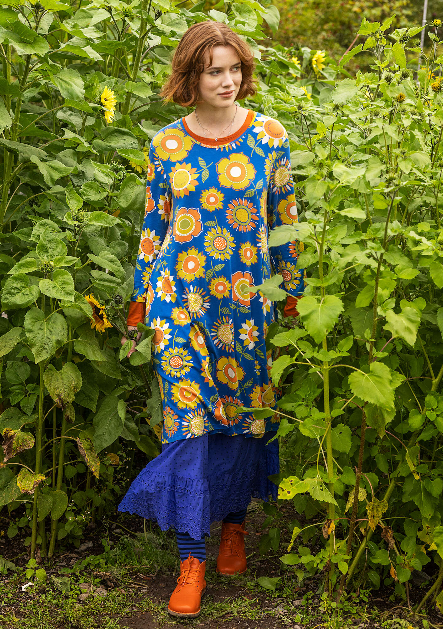 blue and yellow sunflower dress Short Sleeved Sunflower Midi Dress In Blue main image 1
