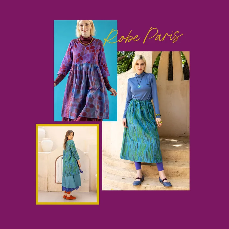 Un fond violet sur lequel reposent trois photos de femmes portant des vêtements provenant de la collection Paris de Gudrun Sjödén.