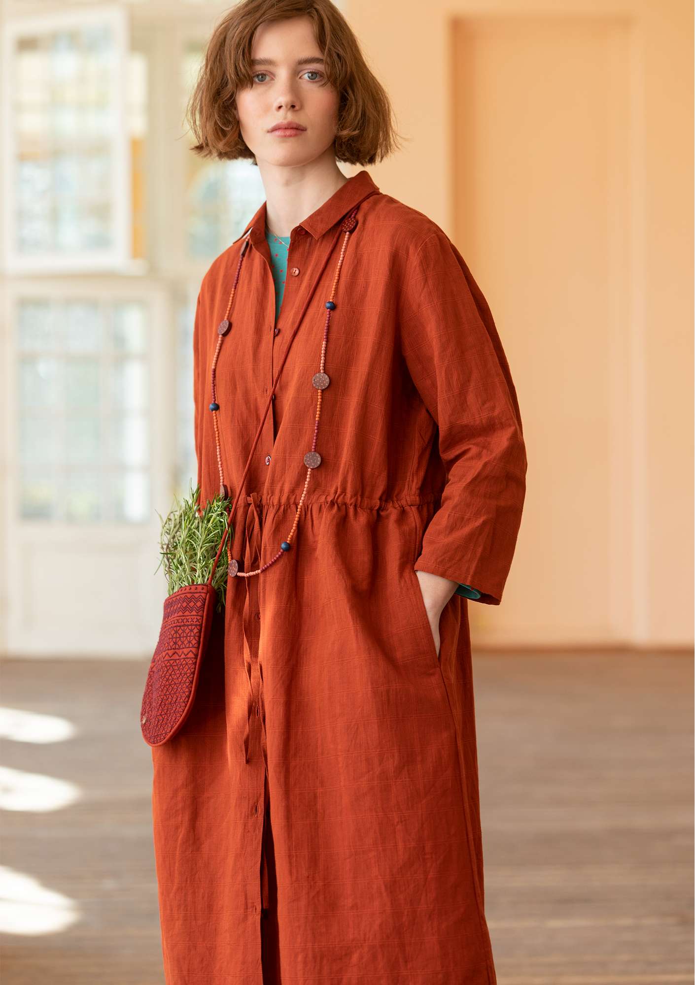 Woven organic cotton/linen dress rust thumbnail