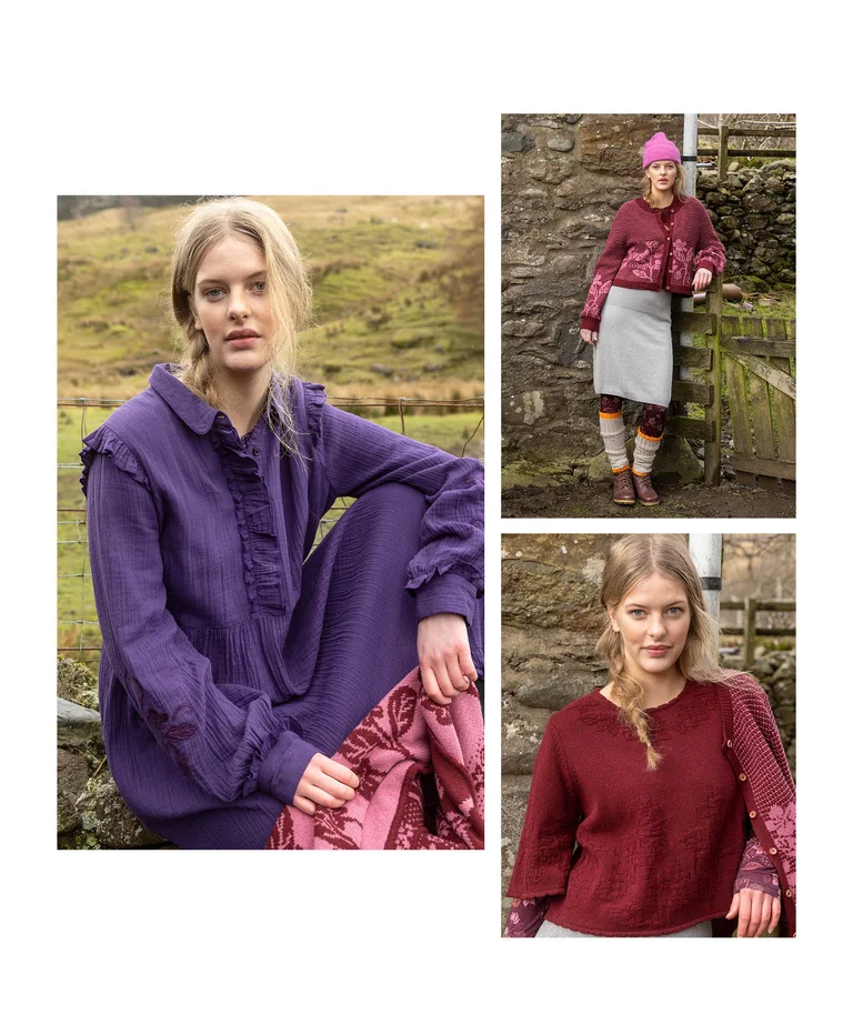A collage with three pictures of women posing outdoors, wearing layers of clothing in shades of red and purple from Gudrun Sjödén.