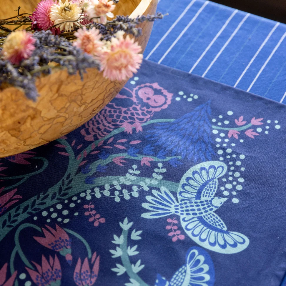 “Alaska Forest” organic cotton table runner - midnight blue