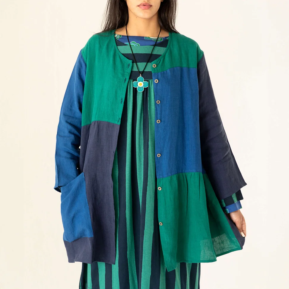 “Azores” linen smock blouse - dark indigo/multicoloured