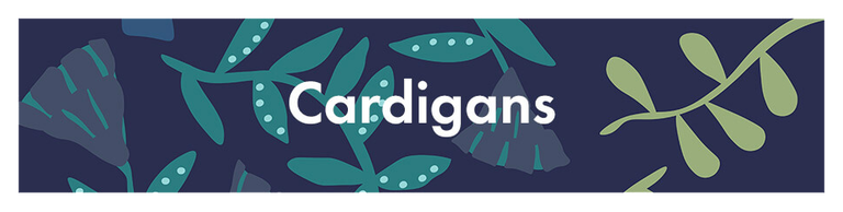 A blue pattern with the word “Cardigans” in white.