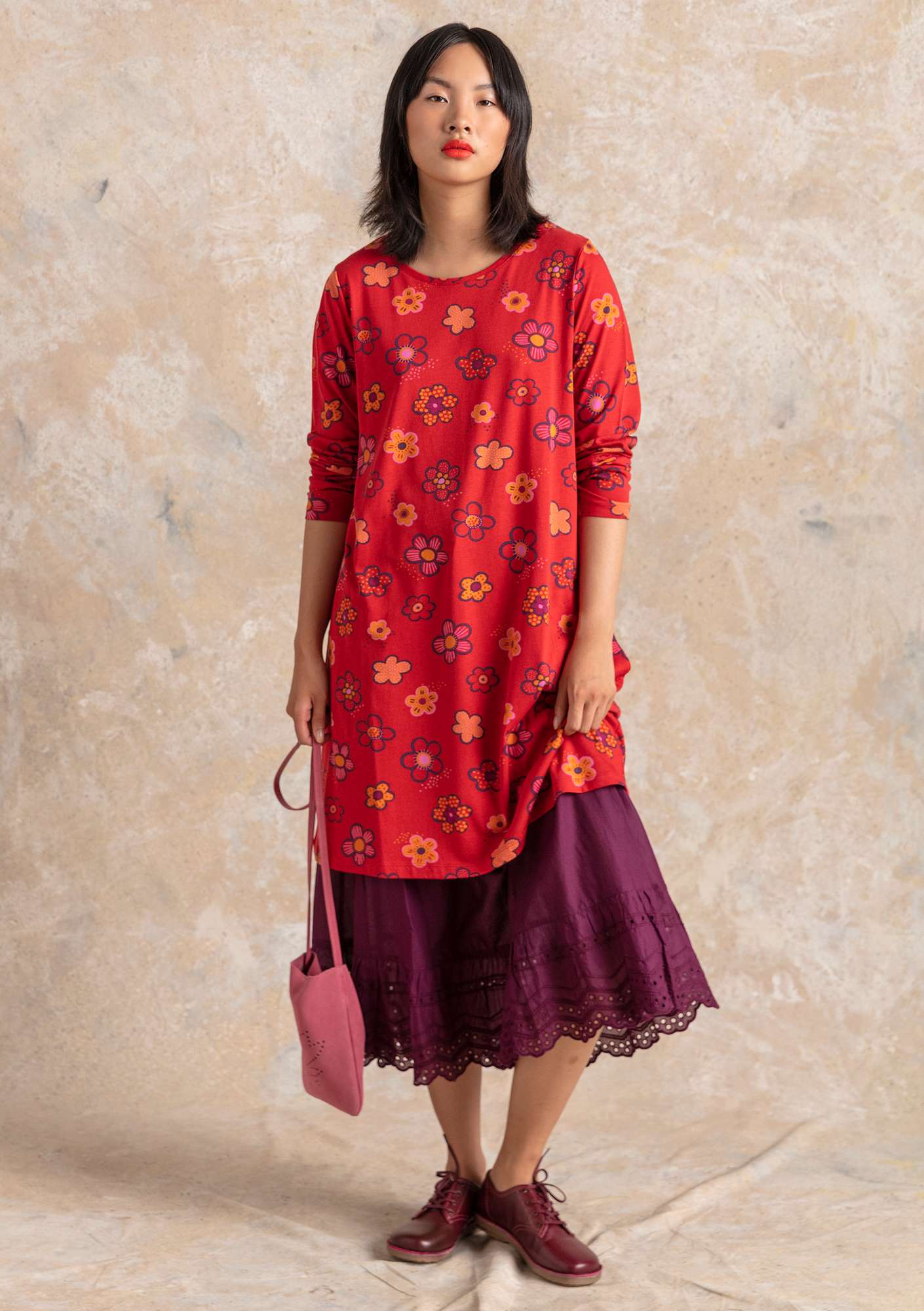 “Aria” organic cotton/modal jersey tunic parrot red/patterned