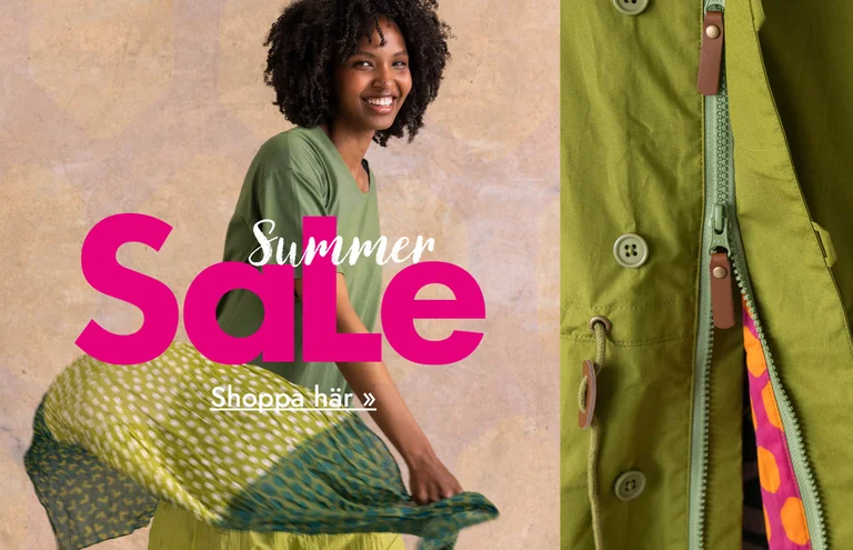 A design collage of images of clothes and red, pink and orange-tone panels. 
