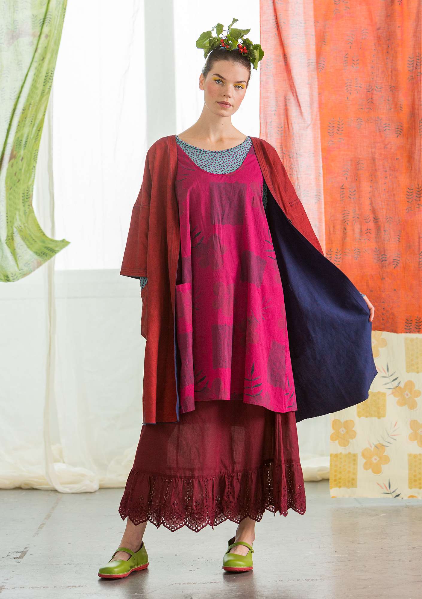Kimono réversible ”Twin” en lin/coton biologique rouge curry