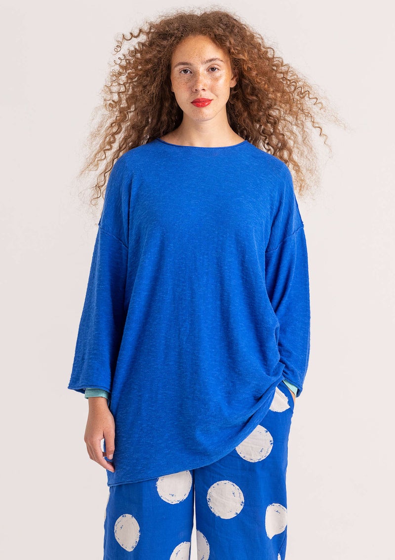 Knitted linen/organic cotton longline sweater sapphire blue