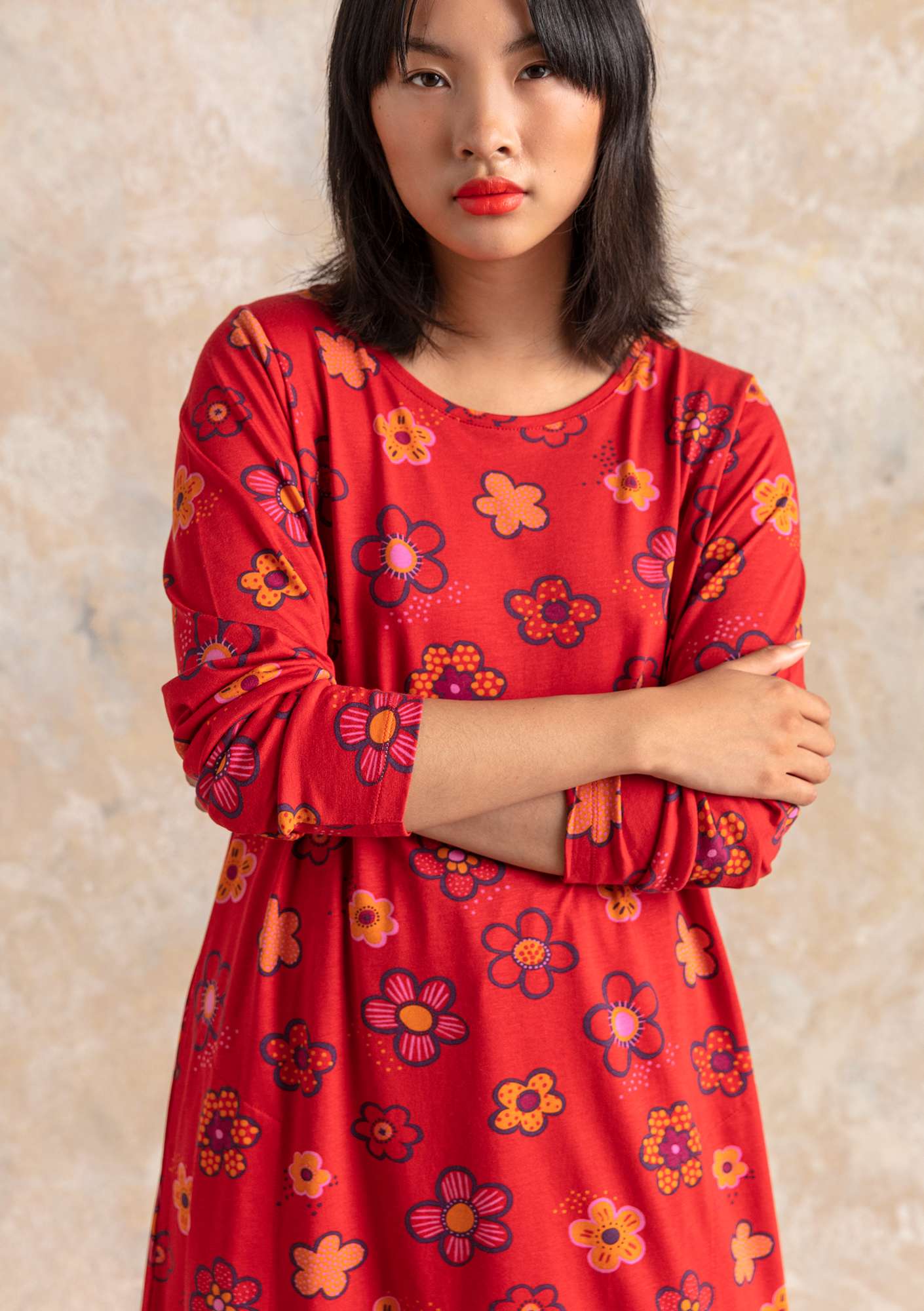 “Aria” organic cotton/modal jersey tunic parrot red/patterned thumbnail