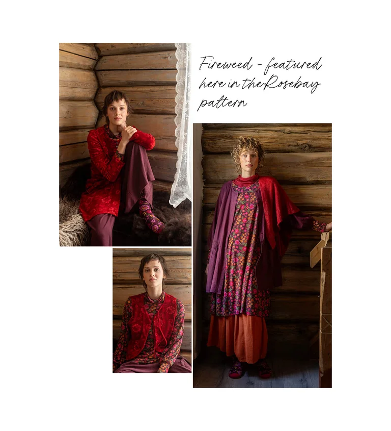 A collage of women wearing red clothes from Gudrun Sjödén’s 2025 Christmas collection. 
