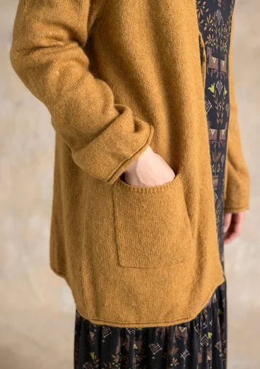 Lång kofta i fluffig alpackamix - ockra/melange