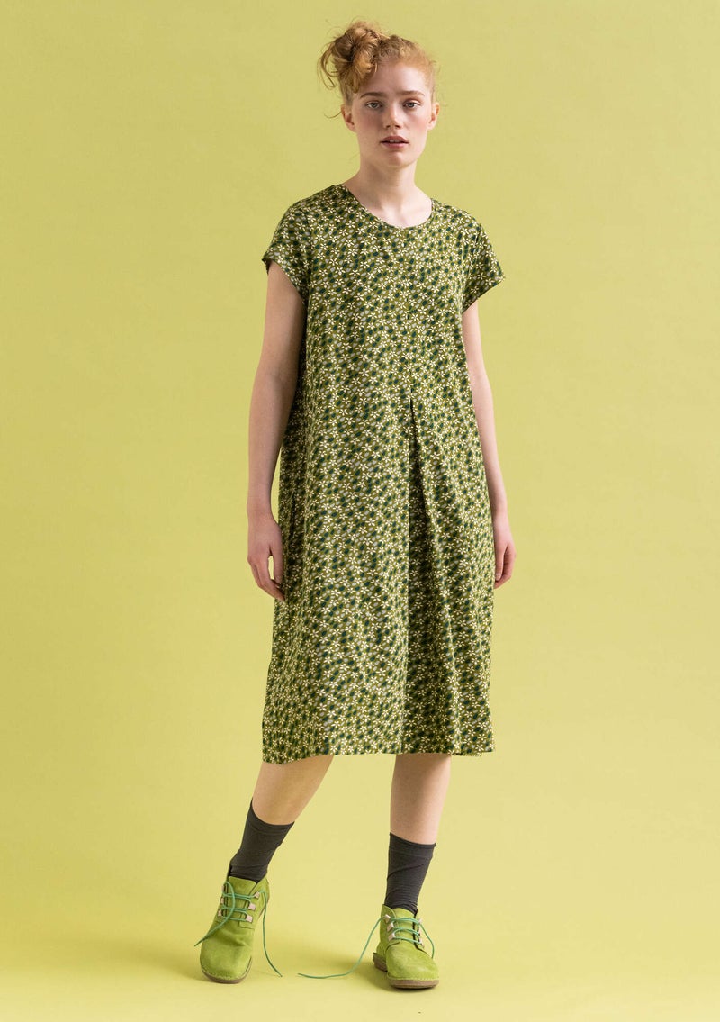 “Jane” organic cotton/elastane jersey dress moss green/patterned