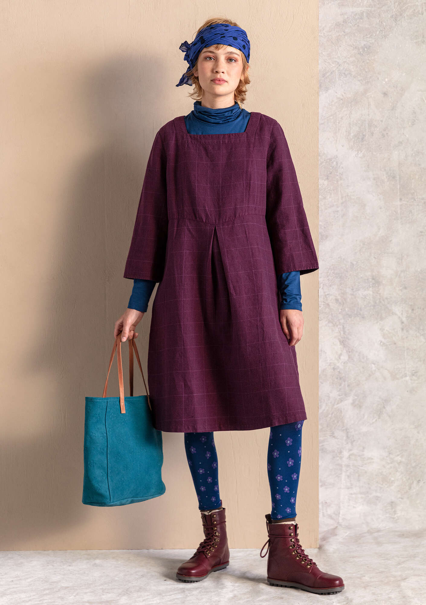 “Greta” woven dress in checked organic cotton/linen allium thumbnail