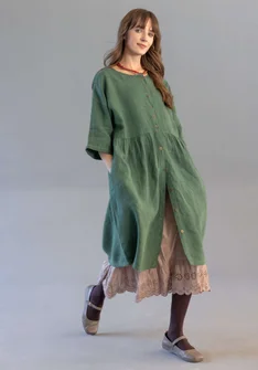 Gestreiftes oder einfarbiges Knopfleistenkleid „Sylvi“ aus Leinen - dunkelgrün