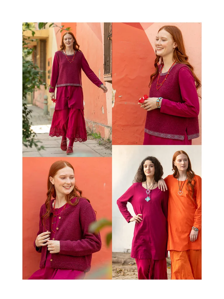A collage of women wearing red and orange clothing from Gudrun Sjödén.   