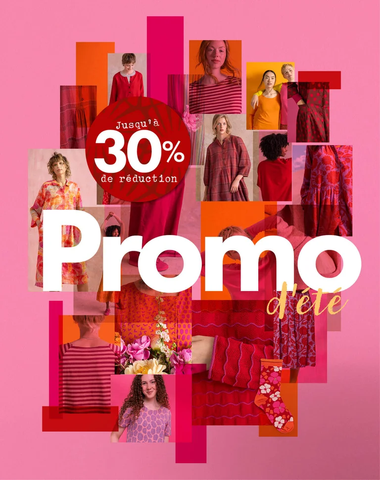 Un collage de photos de vêtements signés Gudrun Sjödén et de disques aux différents tons de rouge, rose et orange.